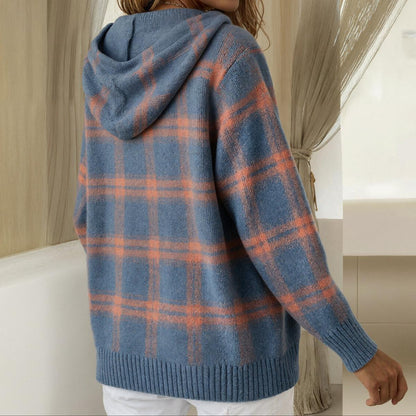 Blue Plaid Button Down Hoodie Sweater