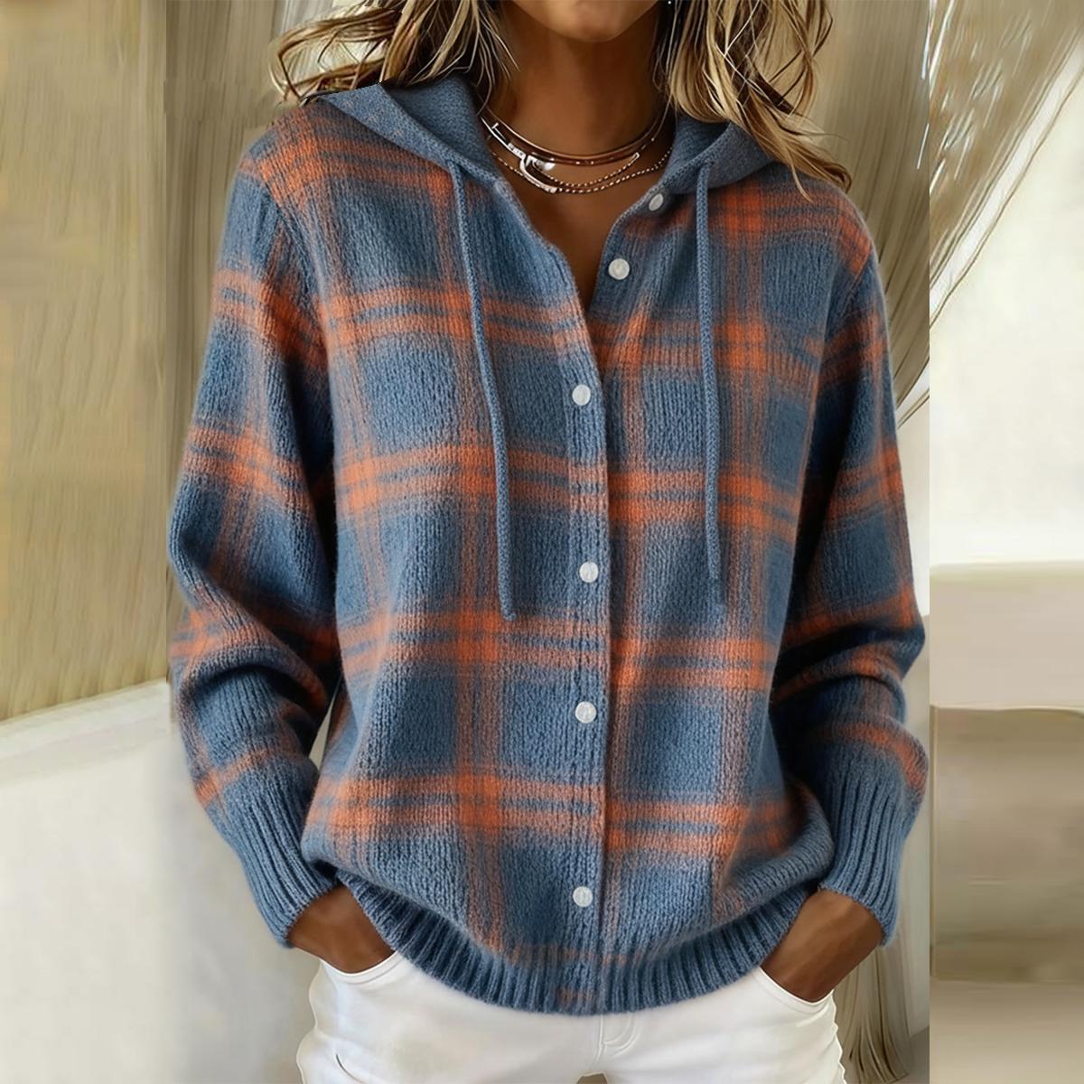 Blue Plaid Button Down Hoodie Sweater