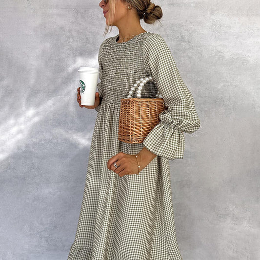 Green Check Round Neck Maxi Dress