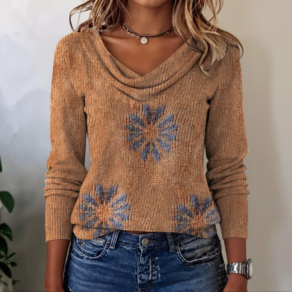 Cozy Camel Knit Floral Printed Sweater