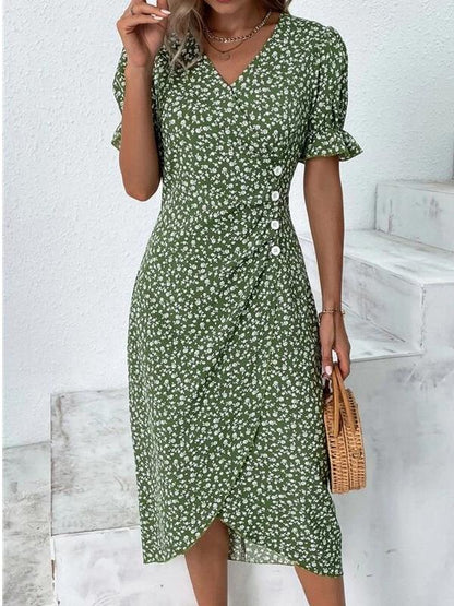 Short Sleeve Green Floral Print Button Front Midi Dress