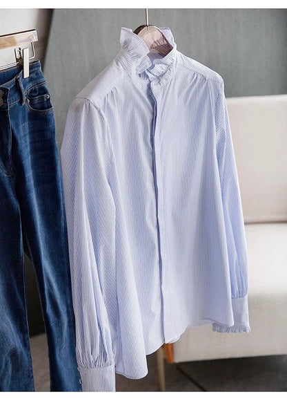 Women's Long-sleeved  Ruffled Stand Collar Blue Stripes Shirt