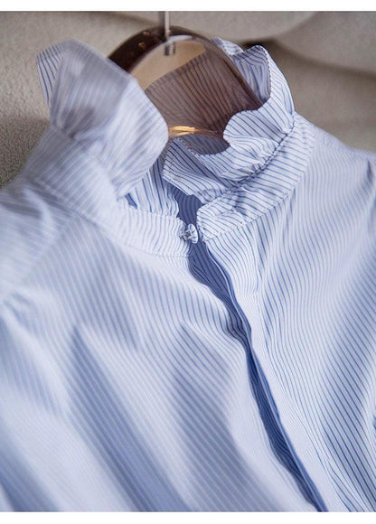 Women's Long-sleeved  Ruffled Stand Collar Blue Stripes Shirt