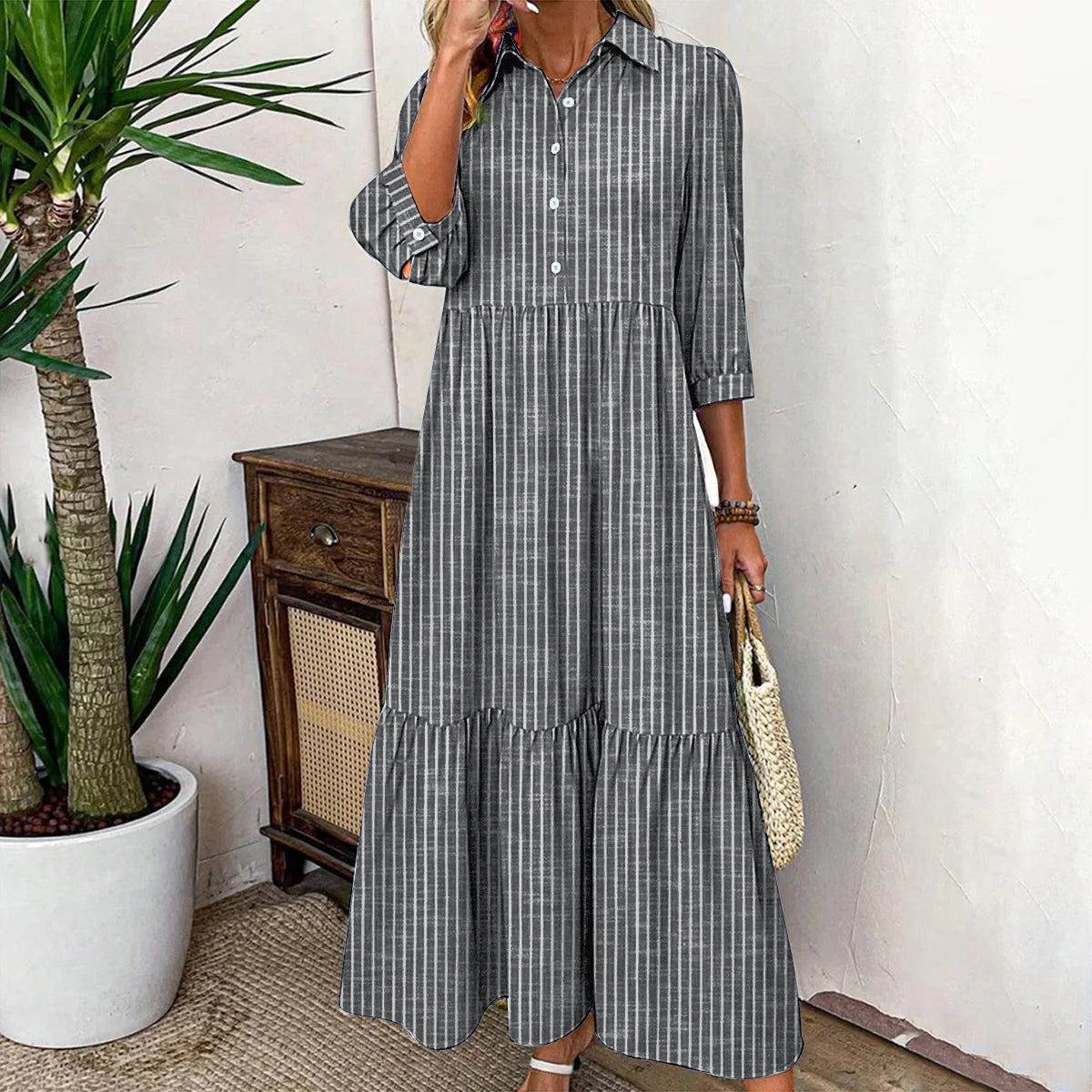 Breezy Striped Print 3/4 Sleeve Maxi Dress