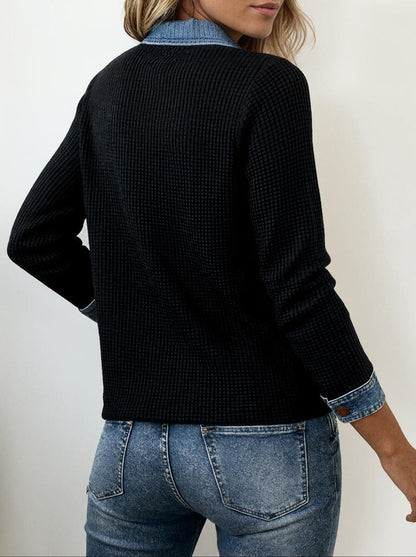 Cool Long Sleeve Denim Collar Button Front Top