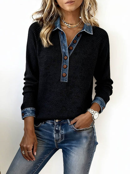 Cool Long Sleeve Denim Collar Button Front Top