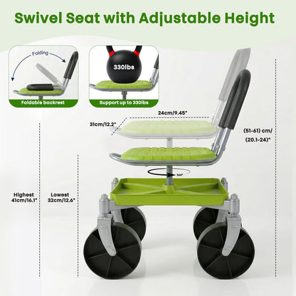 Garden Rolling Cart Seat with 360° Universal Wheels