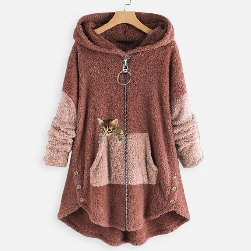Soft Fleece Roomy Pockets Kitty Design Hoodie